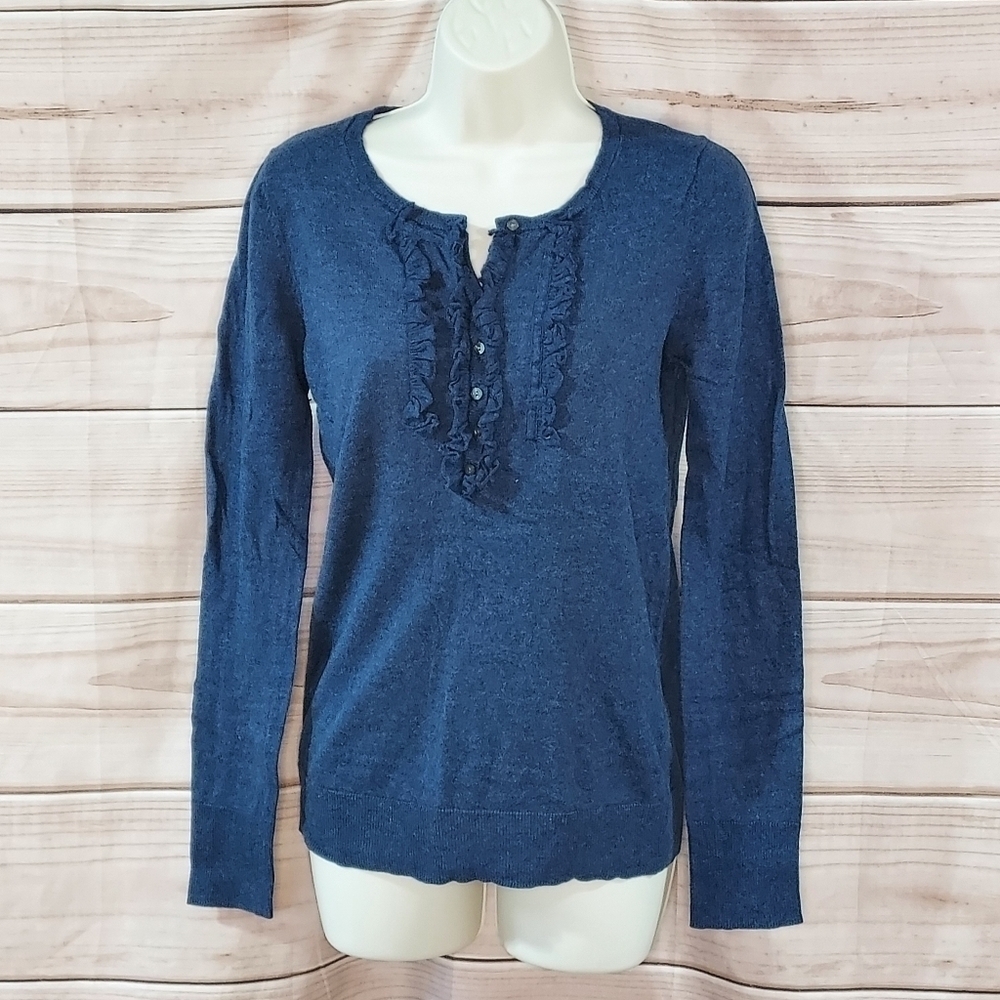GAP henley sweater ruffle cashmere blend long sleeve blue heather S